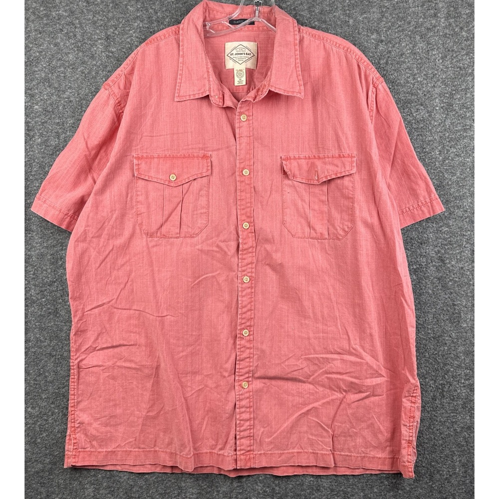 St. Johns Bay Button Down Shirt Mens XXL Coral Short Sleeve Classic Slub Cotton